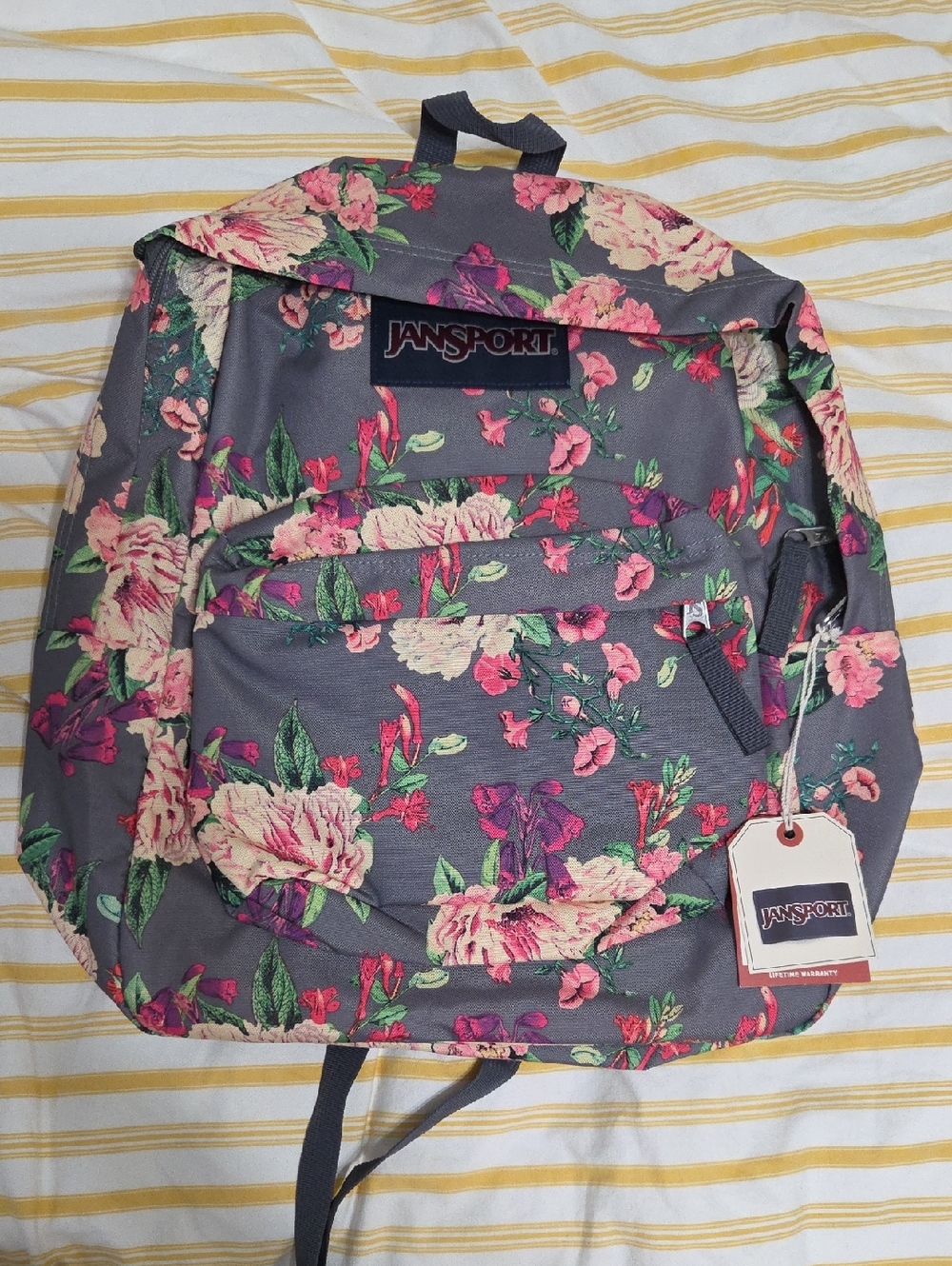 NWT! Jansport Gray Floral Print Backpack with Pink & Green Accents